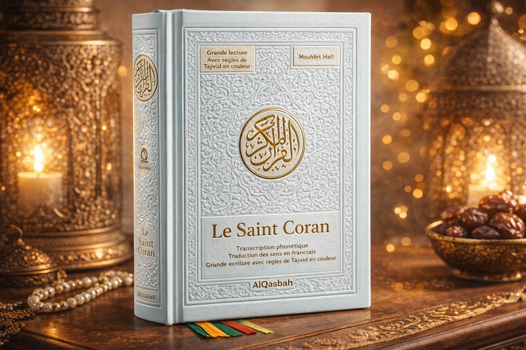 Le Saint Coran avec grands caractères - Transcription phonétique - Traduction des sens en français - Grande écriture et Regles de Tajwid en couleur et Vidéos - Blanc doré (13,5 x 18 cm)